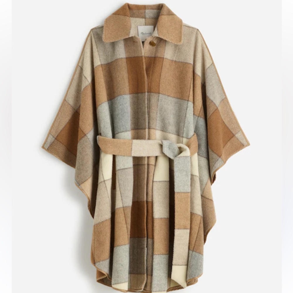 Madewell Belted Caplet in Soft Fawn Plaid Size L-XL NWT